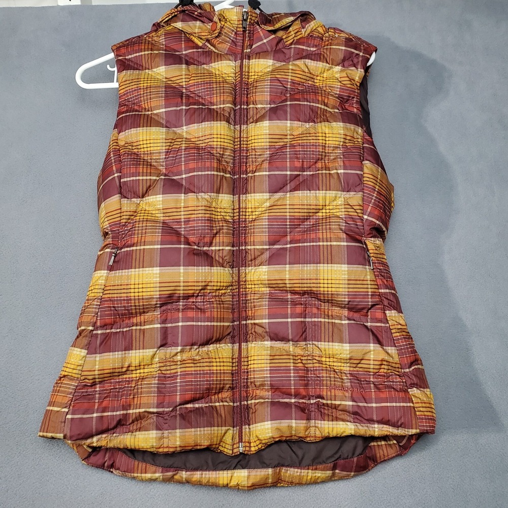 Patagonia Down Puffer Vest Jacket Womens Small Red Orange Plaid Full Zip Hooded
